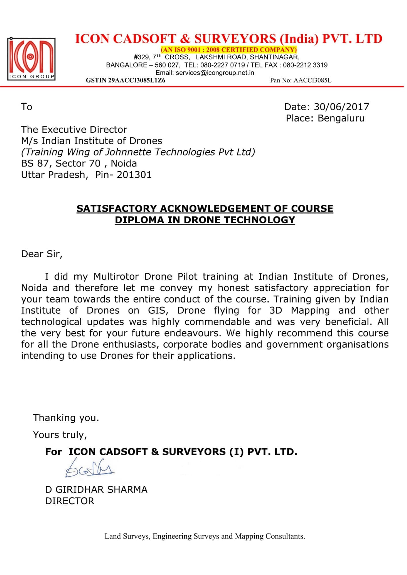 Satisfactory Letter from Icon Surveyors